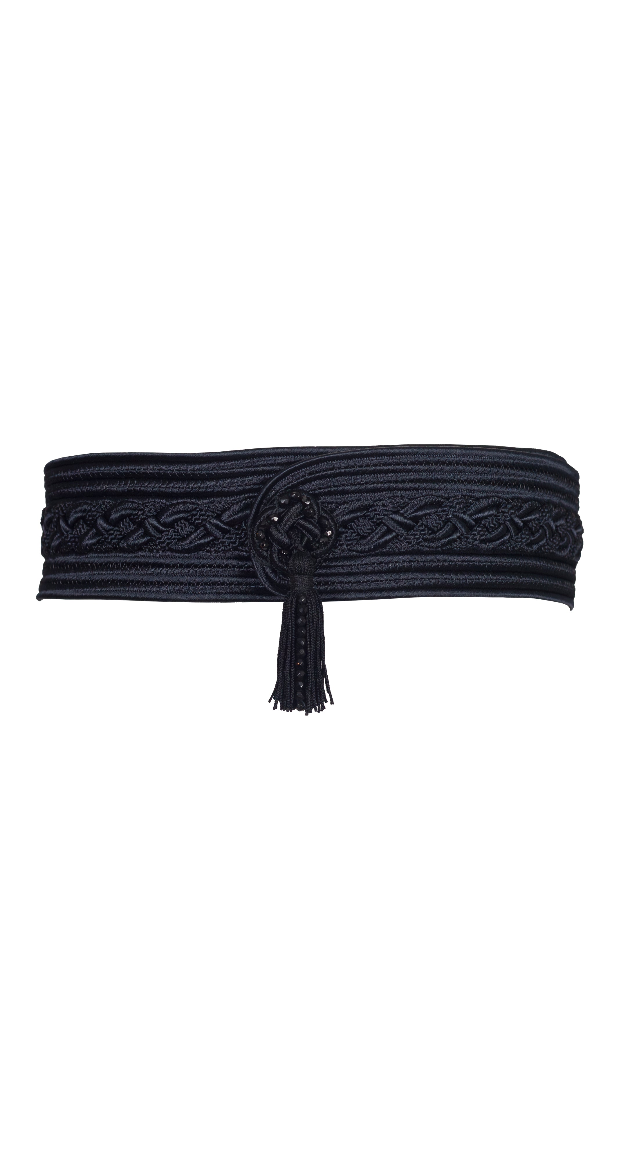 1990s Black Silk Passementerie Adjustable Tassel Belt