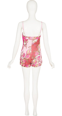 1960s Pink Floral Border Print Sleeveless Romper