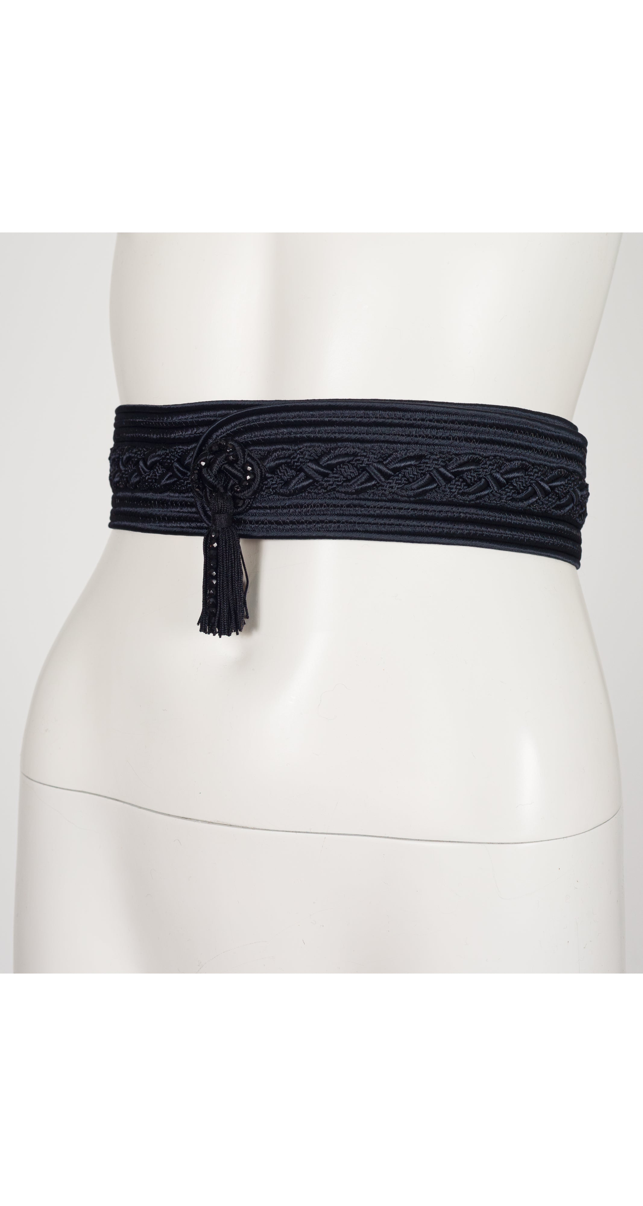 1990s Black Silk Passementerie Adjustable Tassel Belt