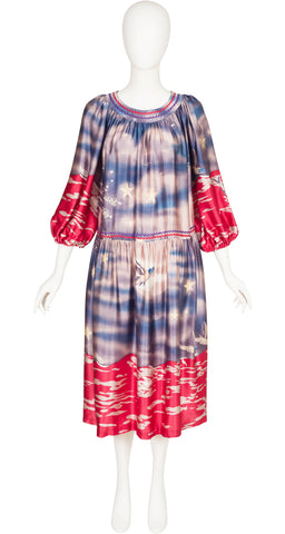 1970s Flying Fish Celestial Print Silk Tent Dress