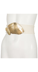1980s Brass Fish Buckle Cream Adjustable Stretch Belt
