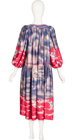 1970s Flying Fish Celestial Print Silk Tent Dress