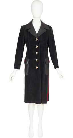 1970s Green & Red Stripe Black Suede Coat