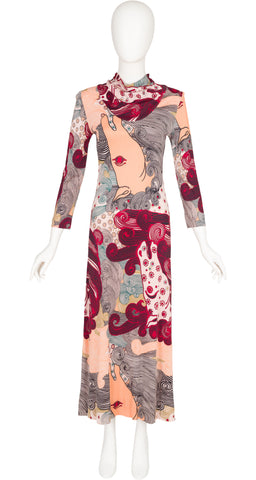 1970s Psychedelic Horse Print Jersey Maxi Dress