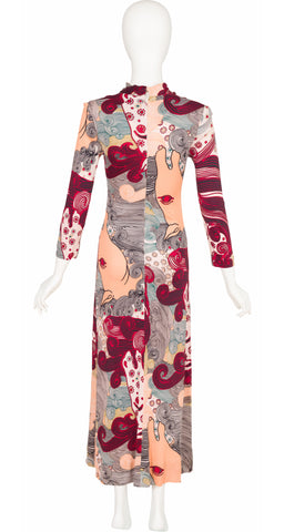 1970s Psychedelic Horse Print Jersey Maxi Dress