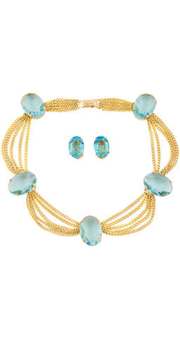 1950s Blue Topaz Glass Festoon Necklace & Earring Set
