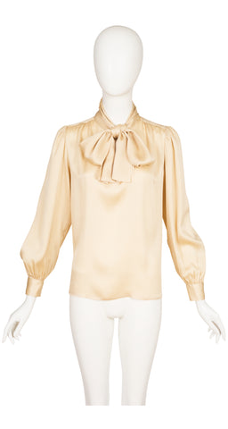 1980s Cream Striped Silk Jacquard Tie-Neck Blouse