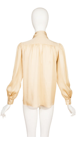 1980s Cream Striped Silk Jacquard Tie-Neck Blouse