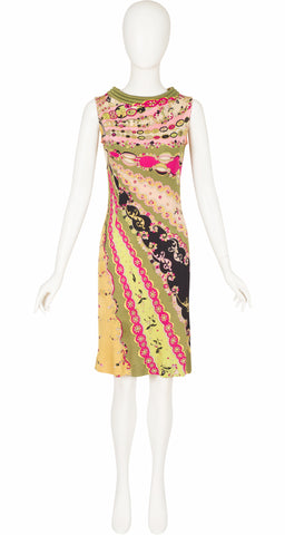1960s Printed Silk Jersey Quilted Collar Sleeveless Dress
