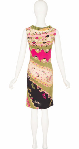 1960s Printed Silk Jersey Quilted Collar Sleeveless Dress