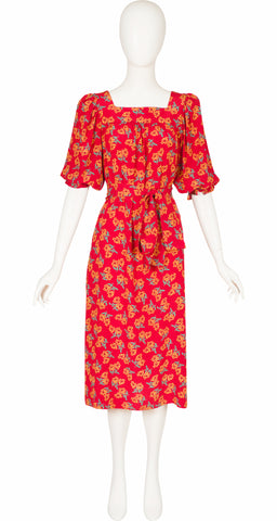 1970s Floral Print Red Silk Puff Sleeve Dress