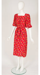 1970s Floral Print Red Silk Puff Sleeve Dress