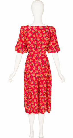 1970s Floral Print Red Silk Puff Sleeve Dress