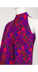 1970s Geometric Floral Print Knit Maxi Dress & Shawl