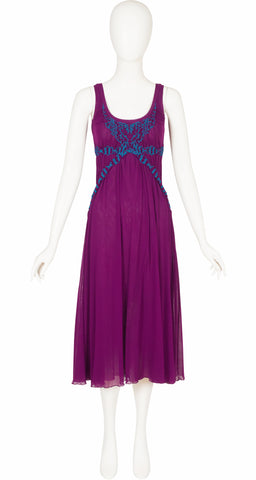 2000s Ruched Dark Fuchsia Mesh Sleeveless Dress