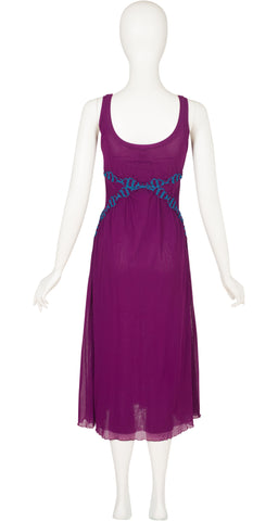 2000s Ruched Dark Fuchsia Mesh Sleeveless Dress