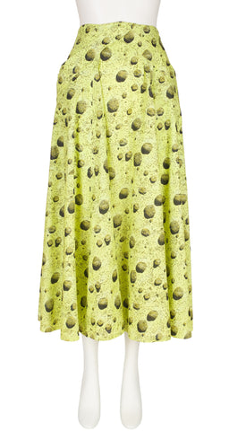 1980s Asteroid Print Lime Green Cotton Midi Skirt