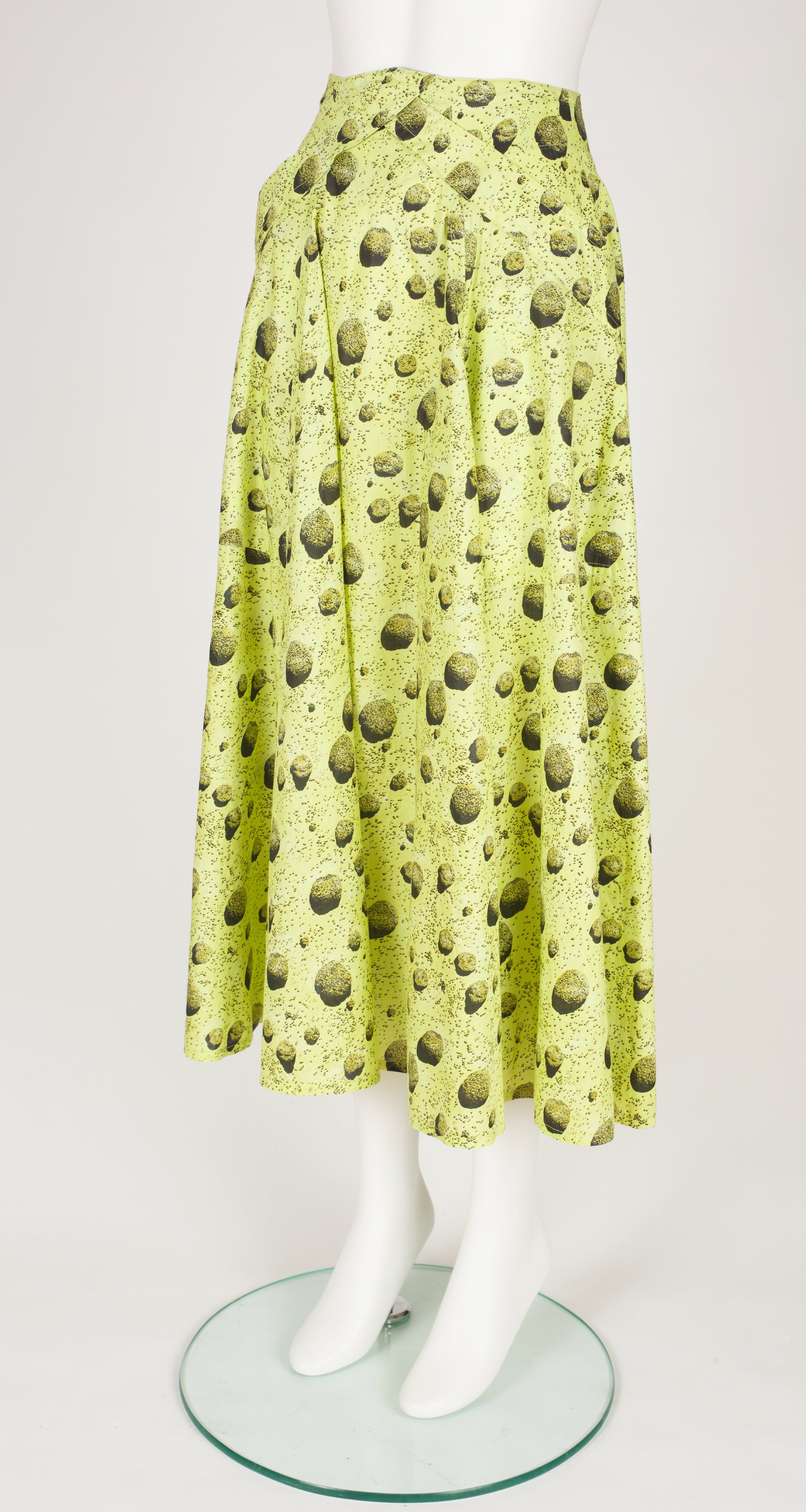 1980s Asteroid Print Lime Green Cotton Midi Skirt