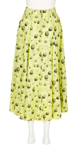 1980s Asteroid Print Lime Green Cotton Midi Skirt