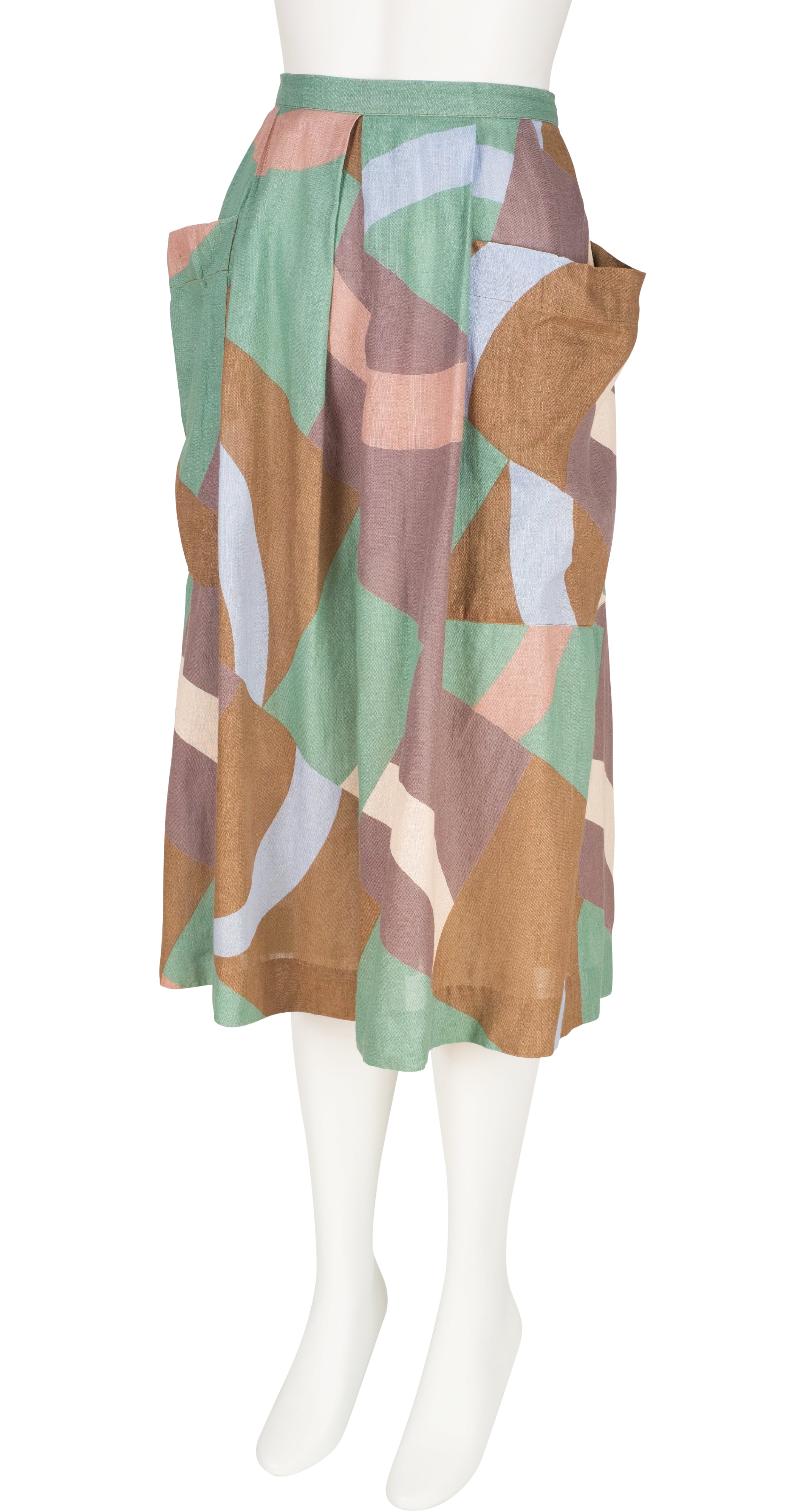 1980s Geometric Print Linen Crop Top & Skirt Set