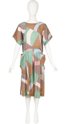 1980s Geometric Print Linen Crop Top & Skirt Set