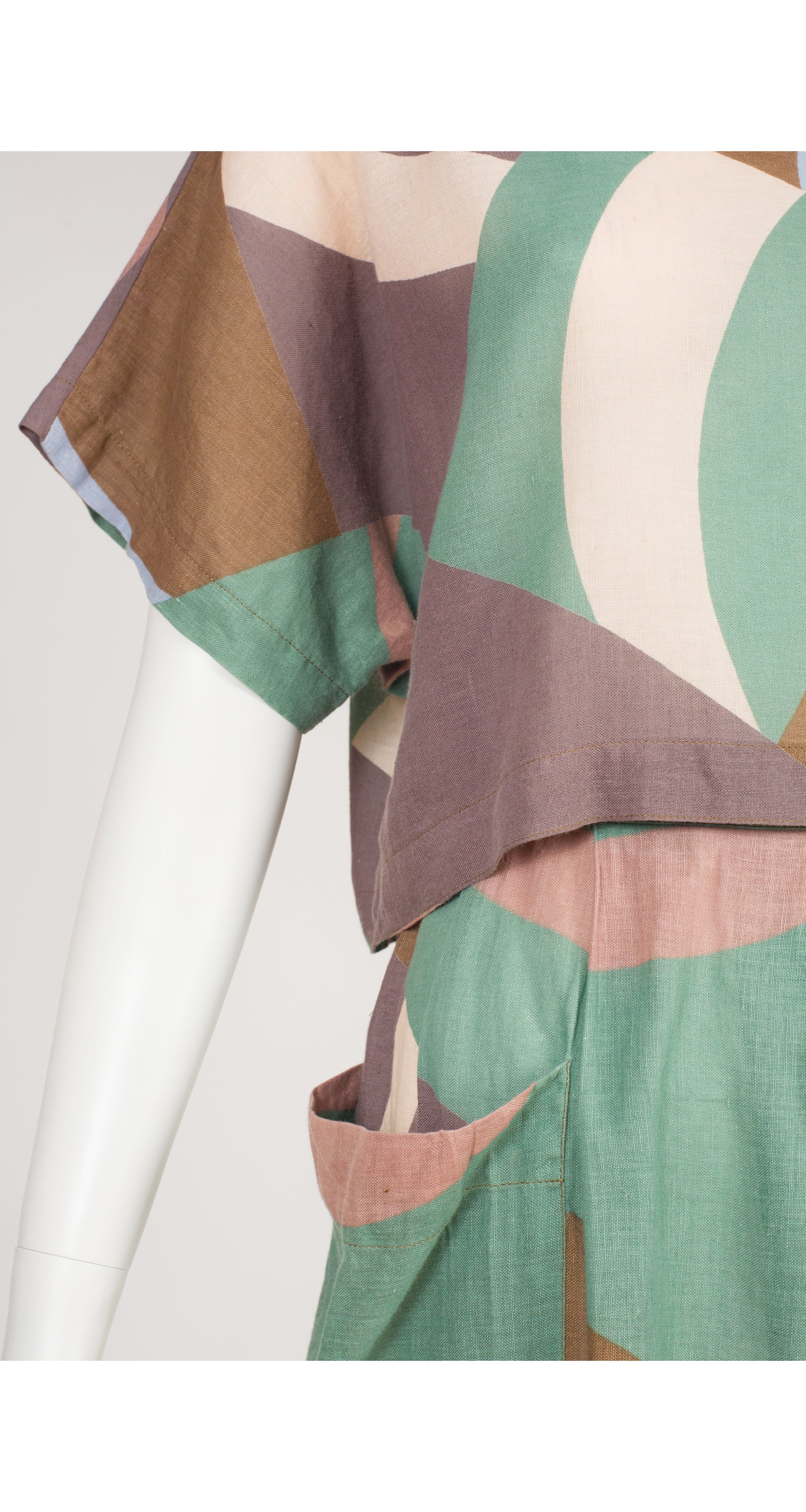 1980s Geometric Print Linen Crop Top & Skirt Set