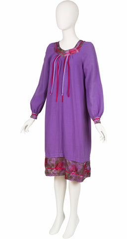 1970s Purple Cotton Floral Ribbon Trim Dress