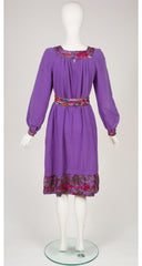 1970s Purple Cotton Floral Ribbon Trim Dress