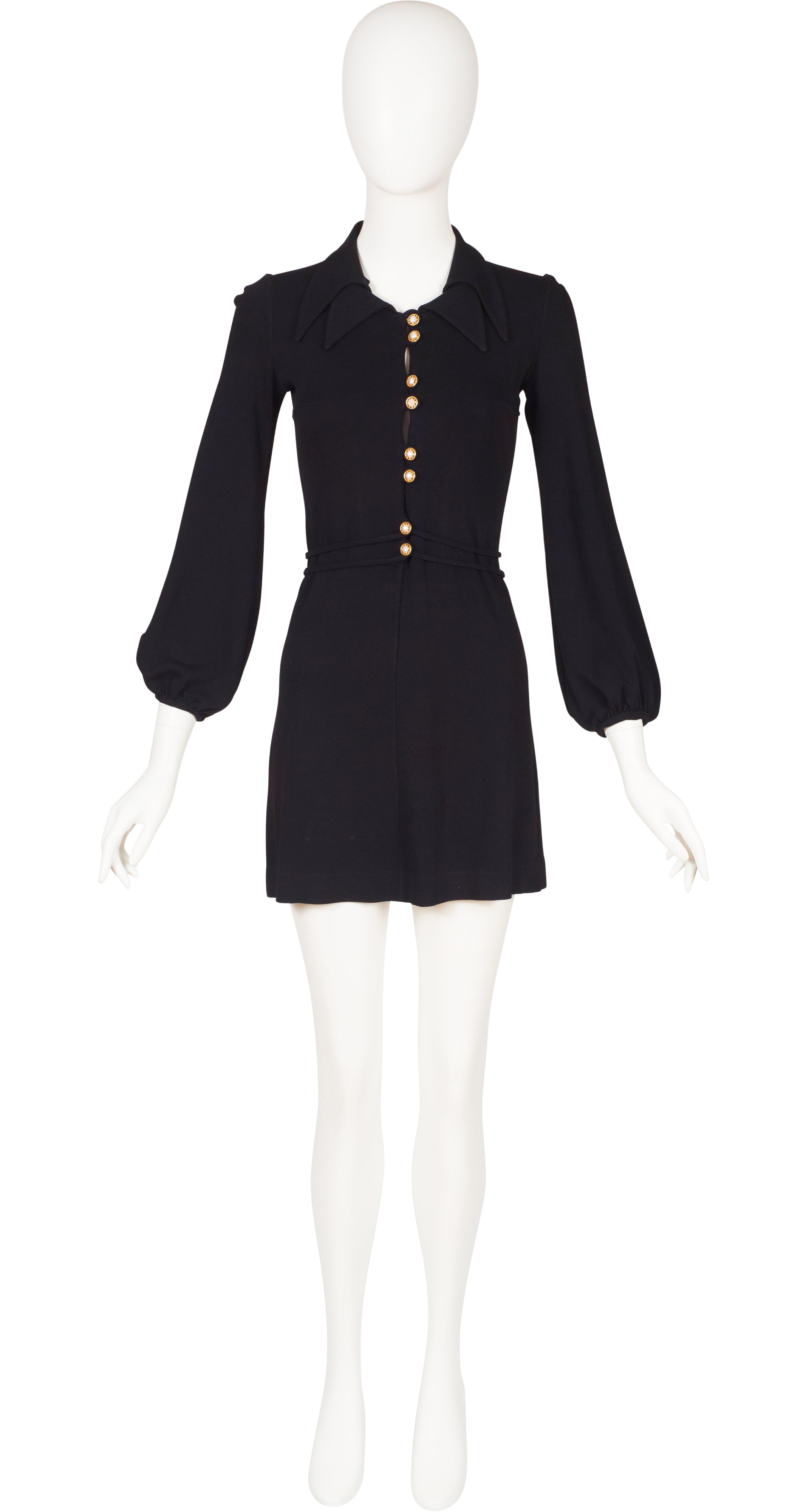 1960s Black Jersey Dagger Collar Mini Dress