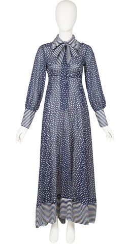 1970s Polka Dot Navy Cotton Voile Collared Maxi Dress