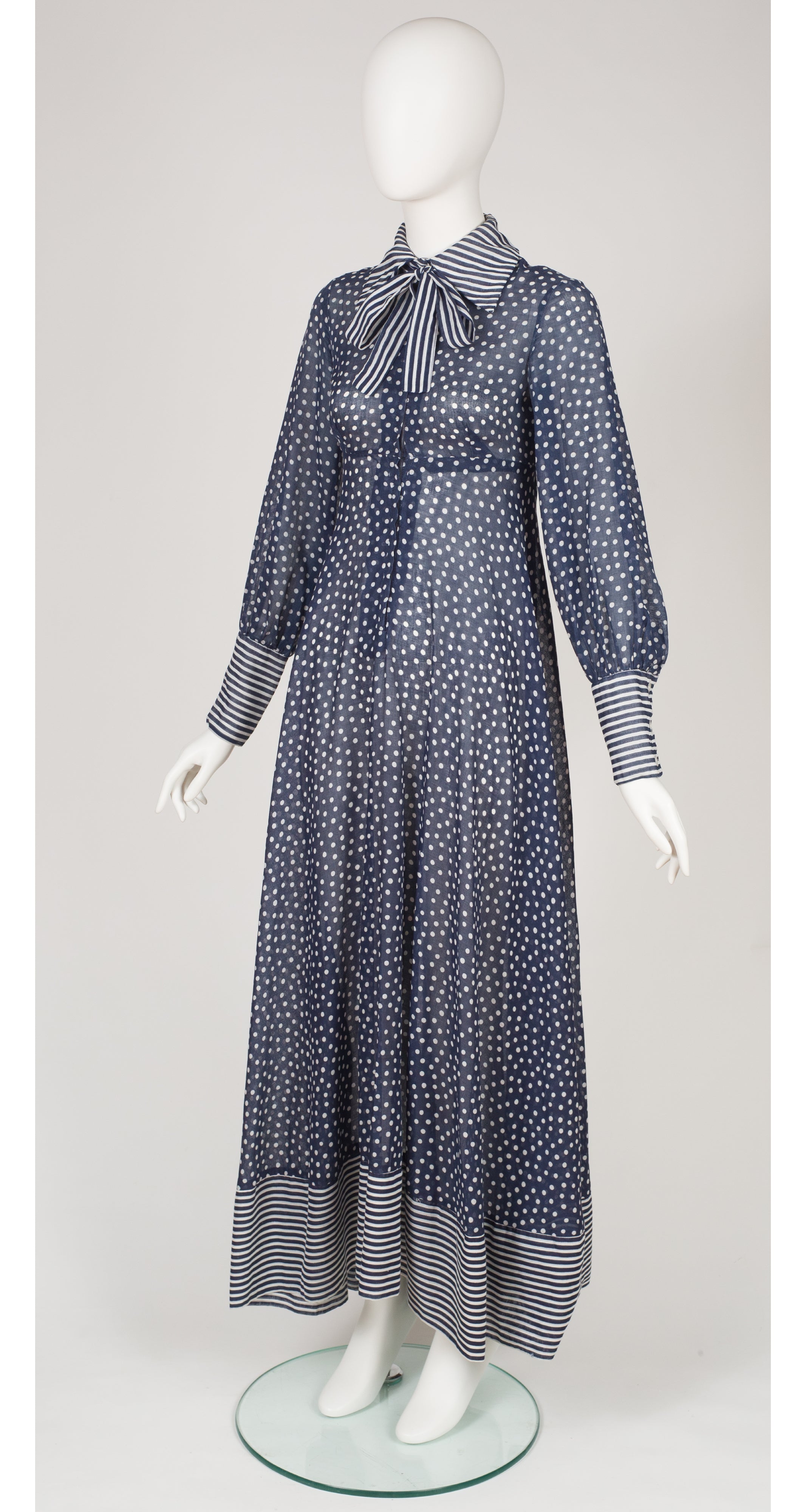 1970s Polka Dot Navy Cotton Voile Collared Maxi Dress