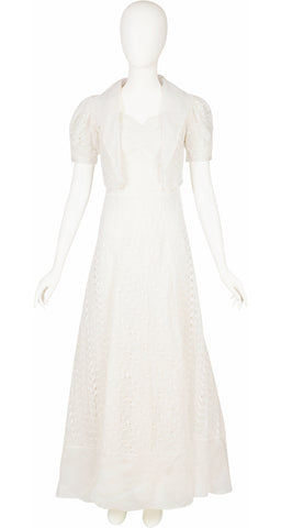 1930s White Silk Organza Eyelet Gown & Bolero Set