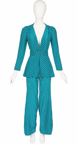 1970s-does-1940s Polka Dot Blue Rayon Trouser Suit