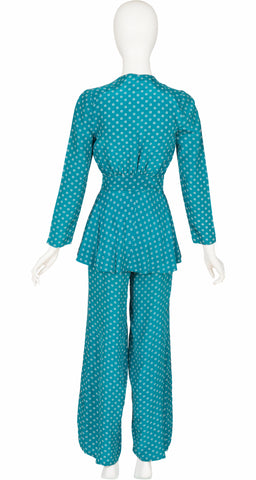1970s-does-1940s Polka Dot Blue Rayon Trouser Suit
