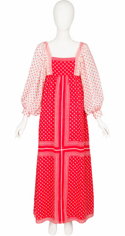 1970s Red & White Voile Balloon Sleeve Maxi Dress