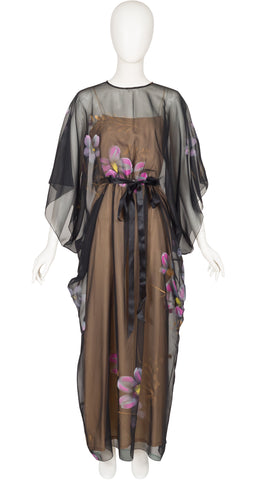 1970s Hand-Painted Floral Black Organdy Gown