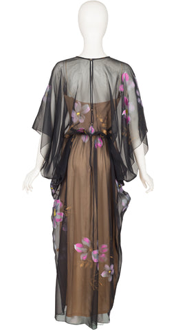 1970s Hand-Painted Floral Black Organdy Gown