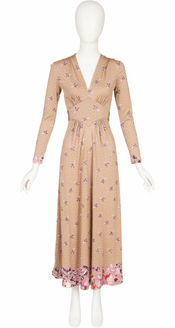1970s Fruit Print Beige Jersey Maxi Dress
