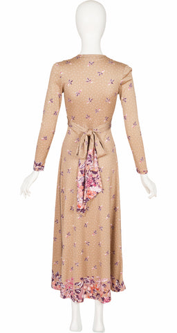 1970s Fruit Print Beige Jersey Maxi Dress