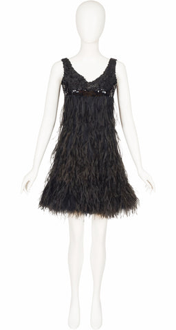 1960s Black Sequin Ostrich Feather Cocktail Dress