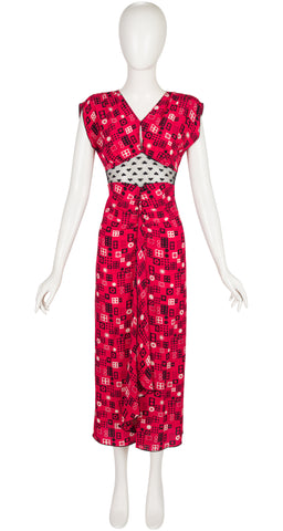 2012 S/S Geometric Print Red Silk Heart Lace Inset Dress