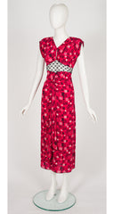 2012 S/S Geometric Print Red Silk Heart Lace Inset Dress