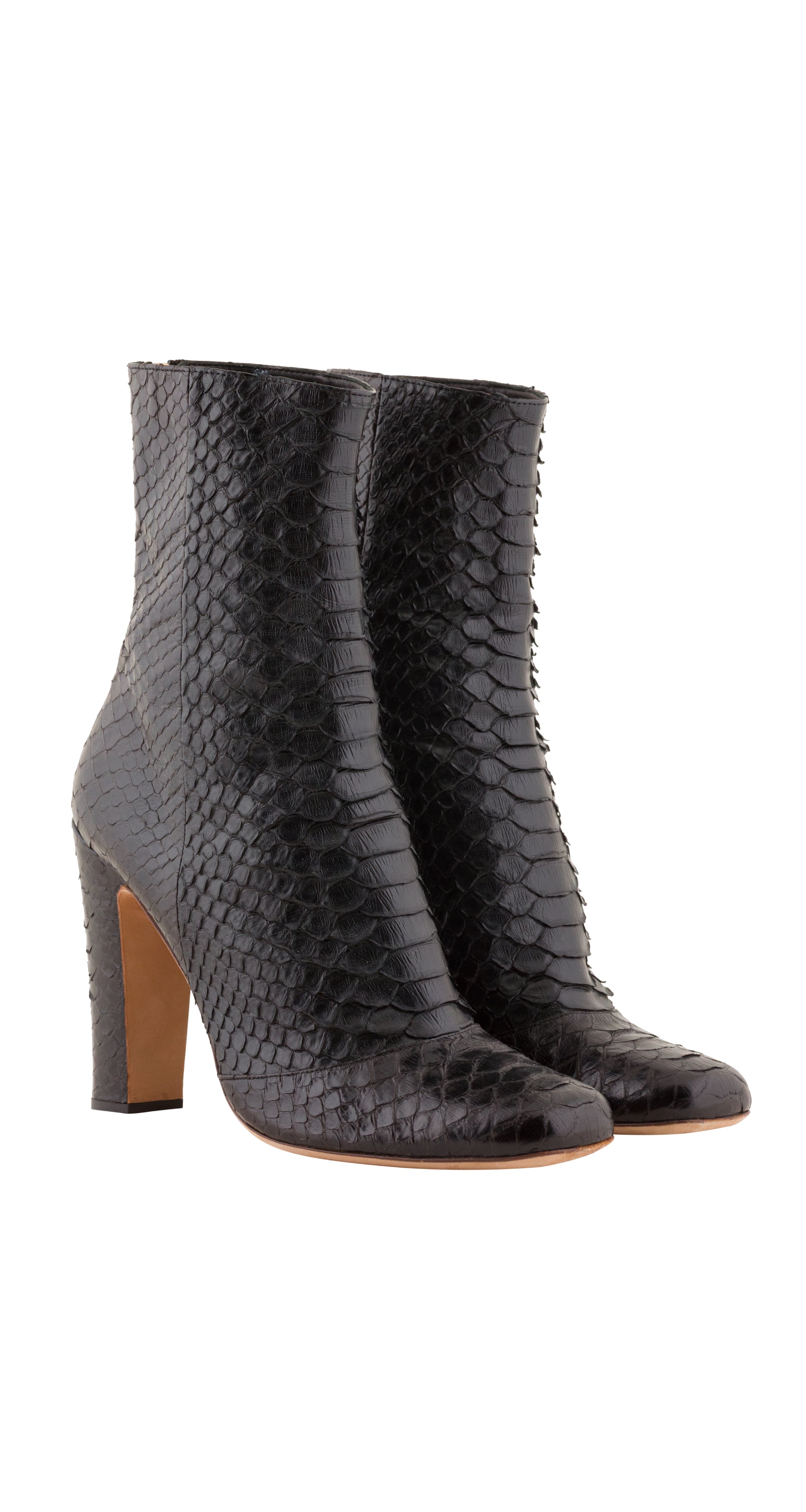 2000s Black Snakeskin High Heel Ankle Boots
