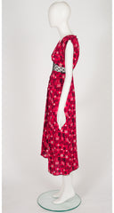 2012 S/S Geometric Print Red Silk Heart Lace Inset Dress