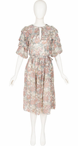 1970s Floral Bird Print Indian Tissue Silk Dress