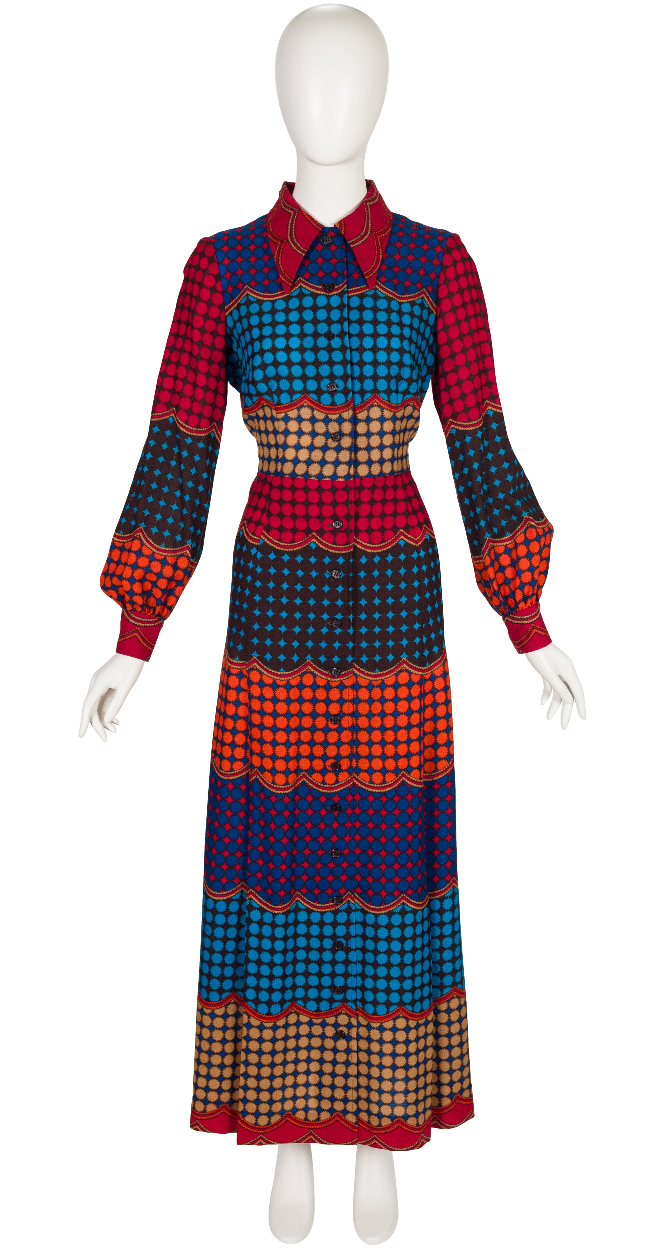 1970s Geometric Print Wool Challis Maxi Shirt Dress