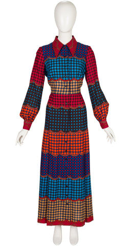 1970s Geometric Print Wool Challis Maxi Shirt Dress