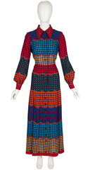 1970s Geometric Print Wool Challis Maxi Shirt Dress