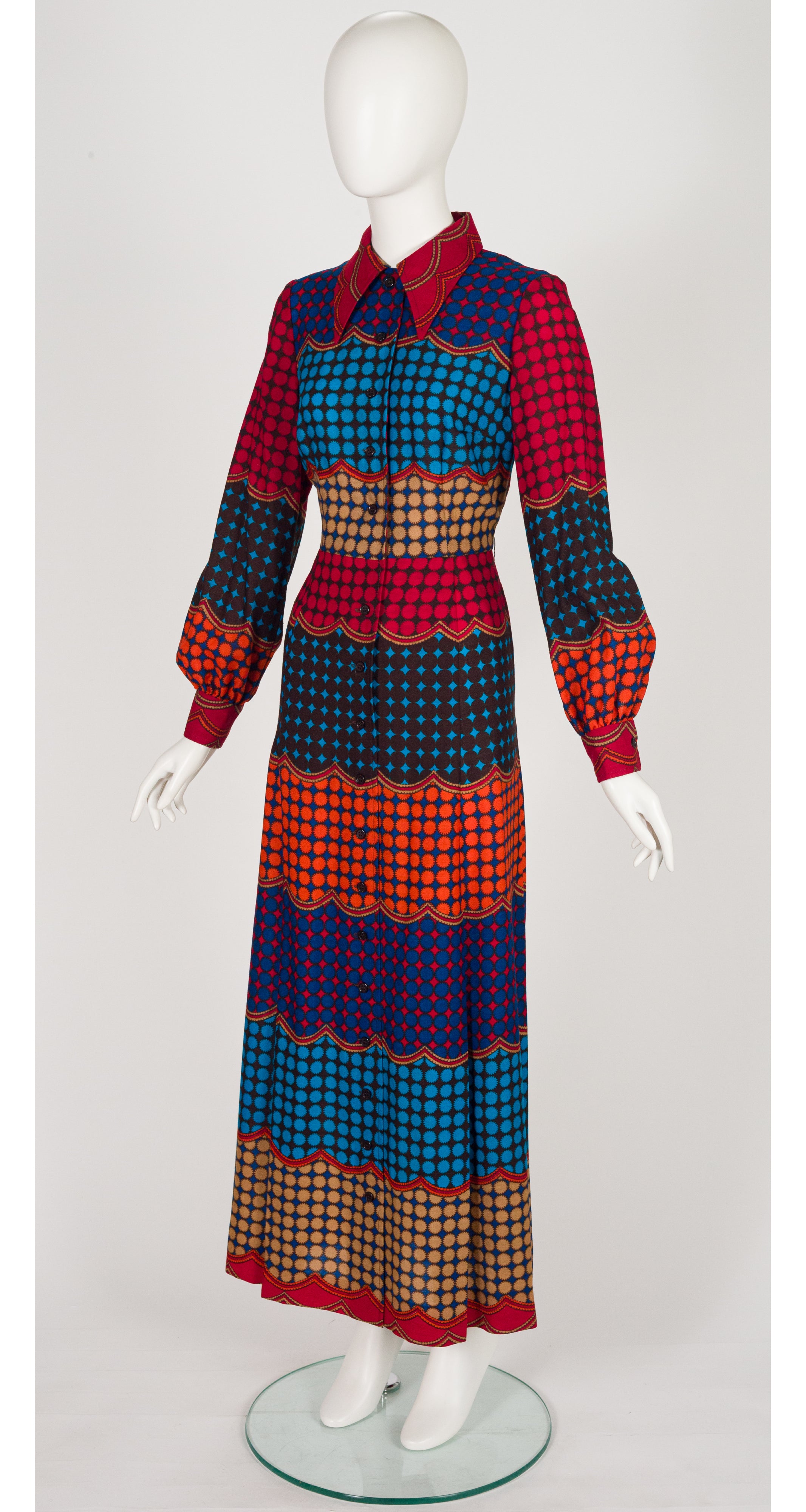 1970s Geometric Print Wool Challis Maxi Shirt Dress
