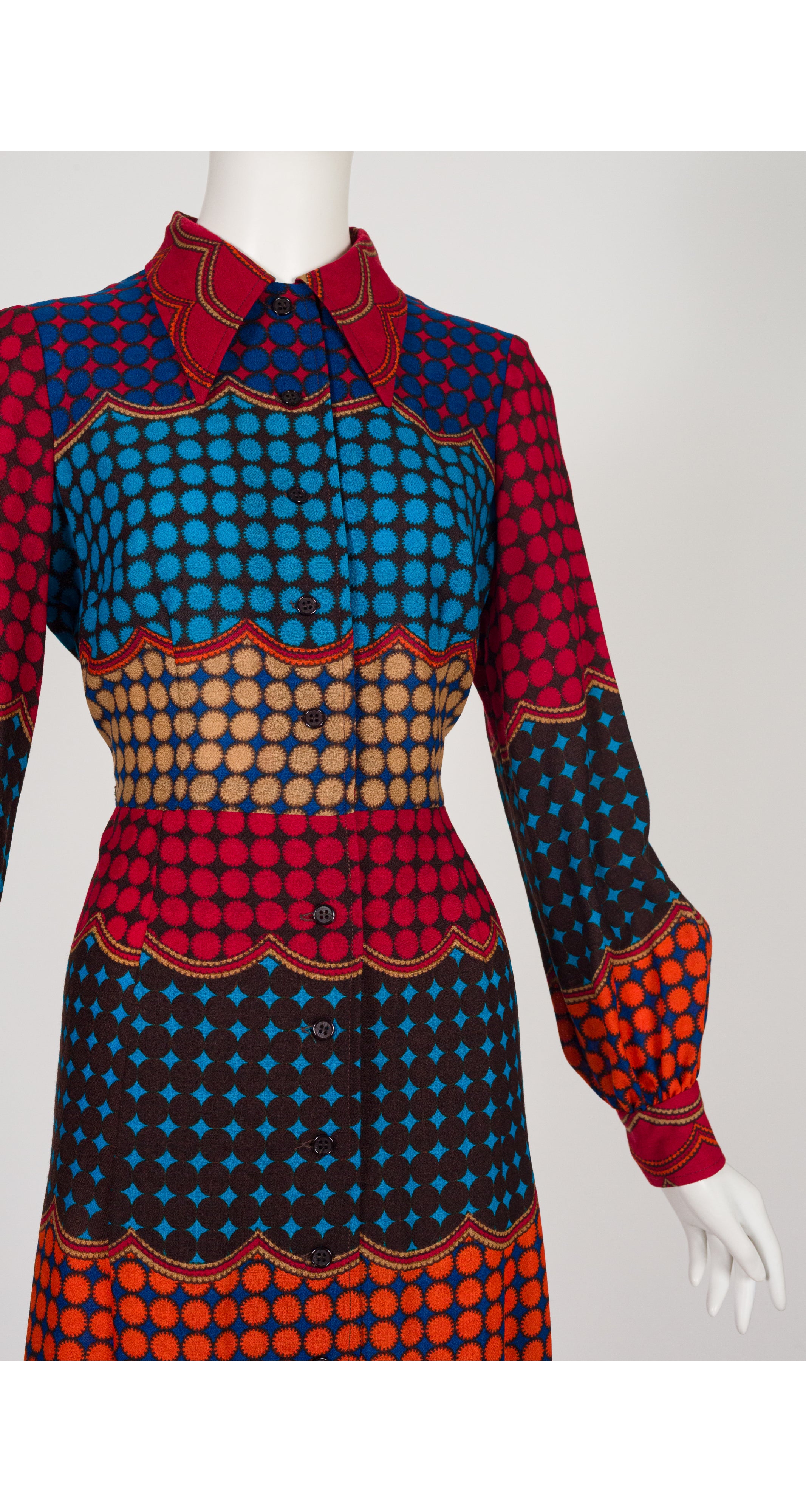 1970s Geometric Print Wool Challis Maxi Shirt Dress
